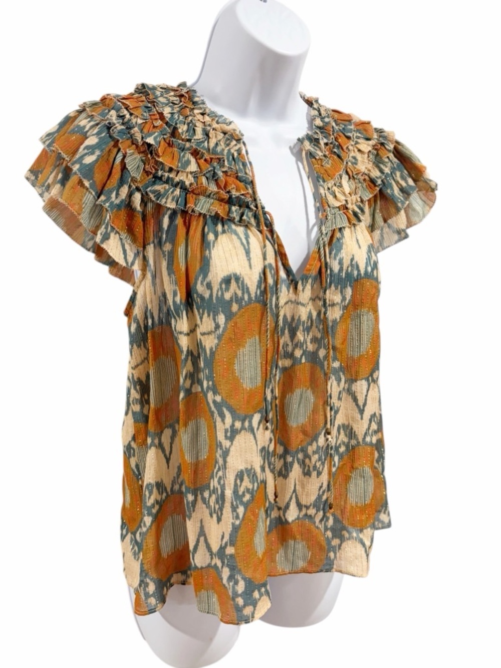 Ulla Johnson Cora Nimbus Cotton Top Size 2 Boho Ruffle Ikat Blouse